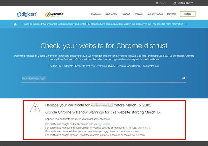 DigiCert SSL Checker - wynik negatywny