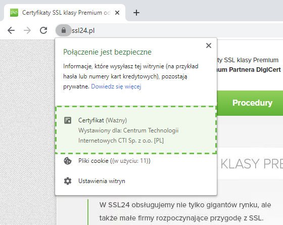 Certyfikat EV - nazwa firmy w przeglądarce