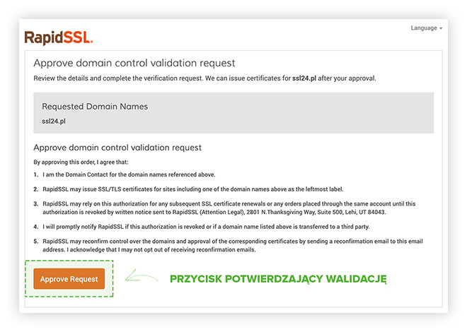 Strona wyświetlana po kliknięciu linku weryfikacyjnego dla certyfikatu RapidSSL