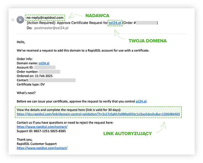 Przykładowa wiadomość dotycząca certyfikatu RapidSSL